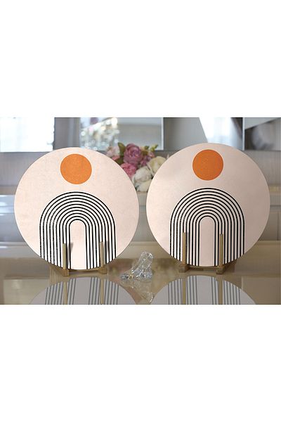 Realhomes 2-Piece Abstract Style Digital Printed Decorative Round Placemat with Onedraw Drawing