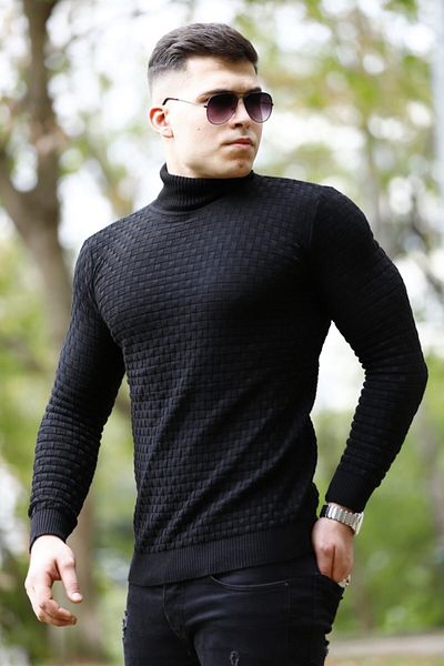 DENSMOOD Men's Black Turtleneck Knitwear Sweater