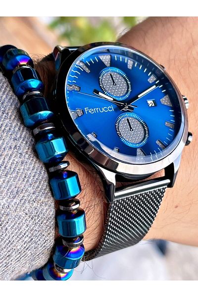 Ferrucci Smoked Anthracite Color Navy Blue Dial Straw Men's Wristwatch + Hematite Natural Stone Bracelet Gift