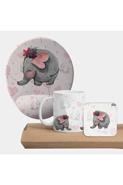 Flipped Fil Desenli Kupa Mousepad Ve Bardak Altlıklı Hediye Seti
