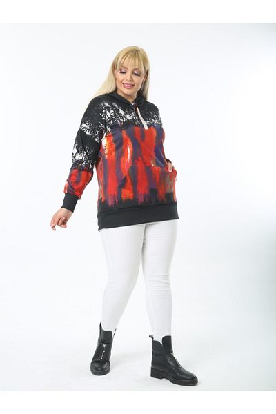 LİKRA Women's Black Large Size Kangaroo Pocket Hooded Flexible Scuba Sweatshirt