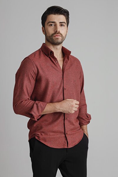 alenmeza Erkek Bordo Oduncu Melanj Kışlık Düğmeli Yaka Cepsiz Modern Fit Gömlek