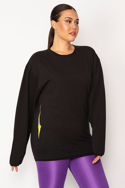 Şans Women's Large Size Black Cotton Fabric Crew Neck Back Print Detailed Sweatshirt 65n28712