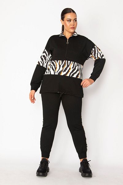 Şans Women's Large Size Black Front Placket Zippered Garni Detailed Sweatshirt Trousers Set 65n28706