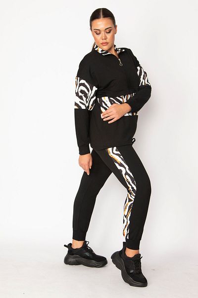 Şans Women's Large Size Black Front Placket Zippered Garni Detailed Sweatshirt Trousers Set 65n28706