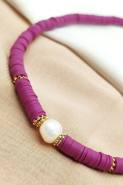 Lolita Takı قلادة فيمو من اللؤلؤ الباروكي باللون الأرجواني