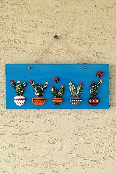 Binbir Trend Taş Boyama Tablo Kaktüs Duvar Süsü, Renkli Yapay Kaktüsler, Duvar Dekoru Gb-009