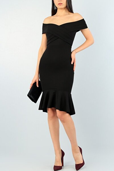 lovebox Krep Kumaş Çapraz Yaka Detaylı Dar Kesim Midi Boy Siyah Abiye Elbise ...