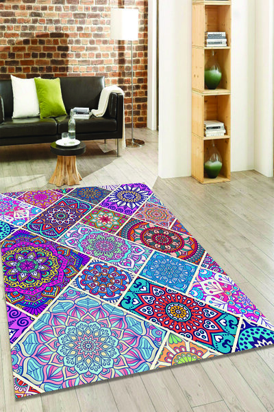 MODANOİVA Rengarenk Çini Desenli Kaymaz Taban Yıkanabilir Halı