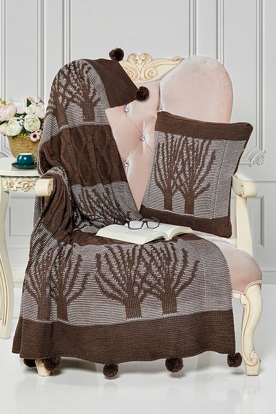 Evlen Home Collection Комплект плетено коледно одеяло и възглавница с помпони, цвят норка - кафяв