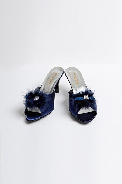 GIONA Παντόφλες νυφικής προίκας με τακούνι Navy Blue Feather