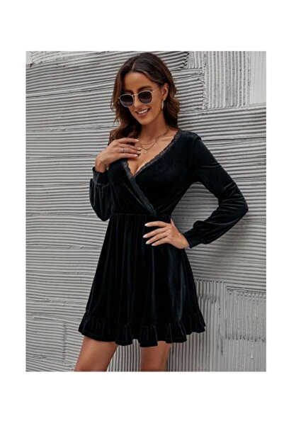 Styling Park Yakası Dantel Detay Kadife Elbise