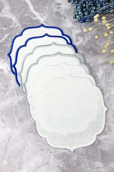 WEARE2 Set de 6 șervețele de cocktail cu efect de in, brodate în albastru, gr...