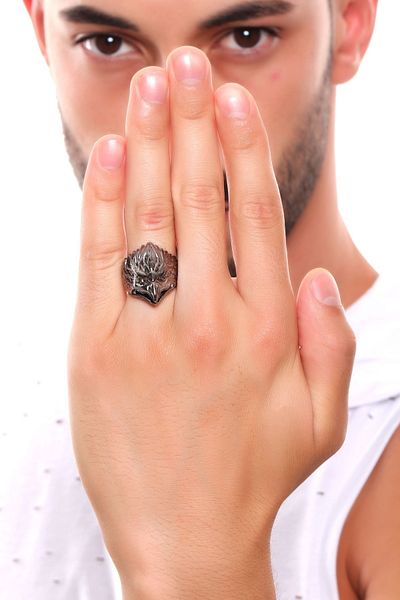 LABALABA Men's Metallic Anthracite Lacquer Plated Adjustable Eagle Ring