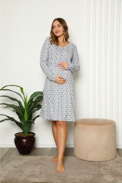 Semm Mix Maternity Nightgown Zippered Gray Floral