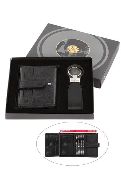CENGİZ PAKEL Genuine Leather Small Size Black Men's Wallet + Keychain Set