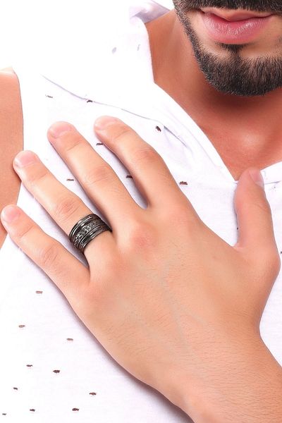LABALABA Men's Metallic Anthracite Lacquer Plated Adjustable Weave Printed Ring