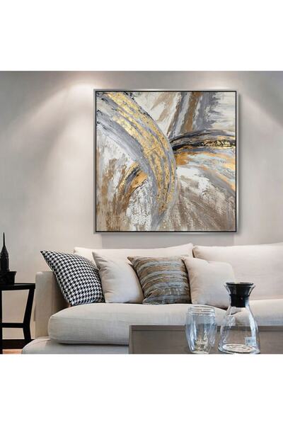 Markazip Gümüş Metal Çerçeveli Kahve Gold Soyut Kanvas Tablo Kod: Lk556-k-g