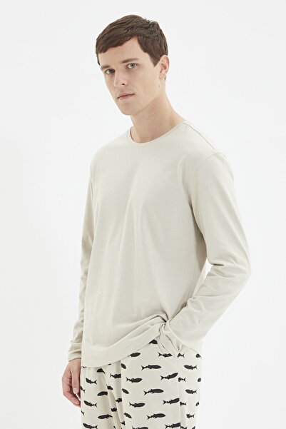 Trendyol Collection Bézs nyomott, normál szabású kötött pizsama szett - 100% pamut TMNAW22PT1069