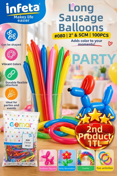 İnfeta 5 cm 2 Inch Long Sausage Balloon 100 Pieces for Shape Making and Party...