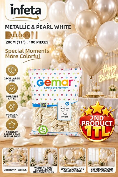 İnfeta Pearl White Metallic Balloon 28 cm 11 Inch 100 Pieces Shiny Latex Part...
