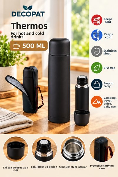 Decopat Luxury Thermos 500 ml Stainless Steel Thermos Hot and Cold Beverage T...