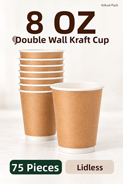Köksal Pack 75 Pcs 8 oz Double Wall Kraft Coffee Cups Without Lids Double Wal...