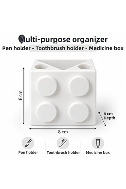 PİYATECH Lego Designed 3-Compartment Children's Toothbrush Holder and Desktop Pen Holder Organizer - White