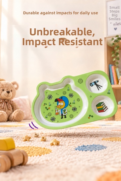 Wumboo Kral Şakir Figured 3-Compartment Melamine Children's Plate - Durable Bpa Free Nutrition Plate - Remzi, Green