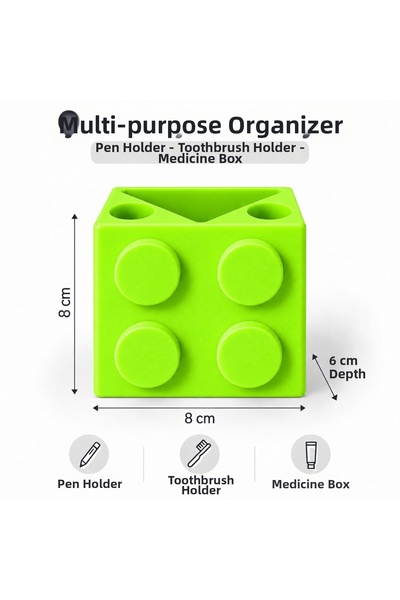 PİYATECH Lego Designed 3-Compartment Children's Toothbrush Holder and Desktop Pen Holder Organizer - Green