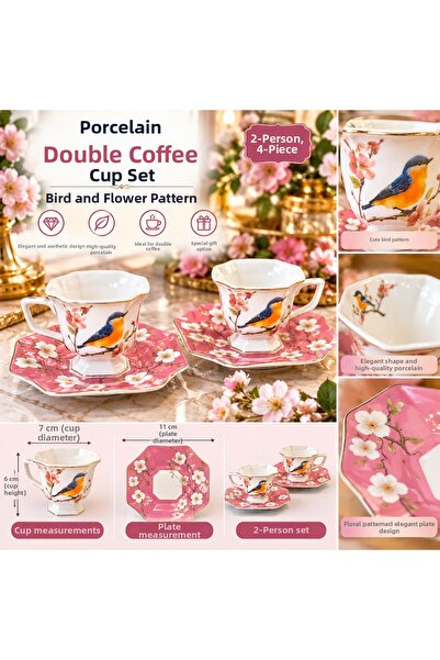 Atak Hediyelik Porcelain 2-Person Double Coffee Cup Set with Bird and Flower ...