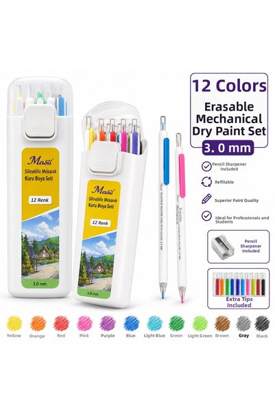 Masis Erasable Mechanical Dry Paint Set 12 Colors 3 mm Versatil Dry Paint Pen with Spare Tips Sharpener Giftlii Xx