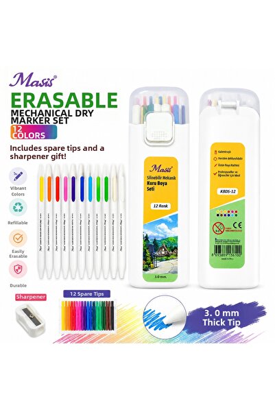 Masis Erasable Mechanical Dry Paint Set 12 Colors 3 mm Versatil Dry Paint Pen...