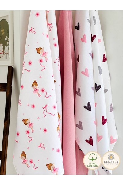 Fulya Tuhafiye 100% Cotton 3-Piece Muslin Baby Blanket Set Oeko-Tex Certified Muslin Blanket 80 X 90 cm