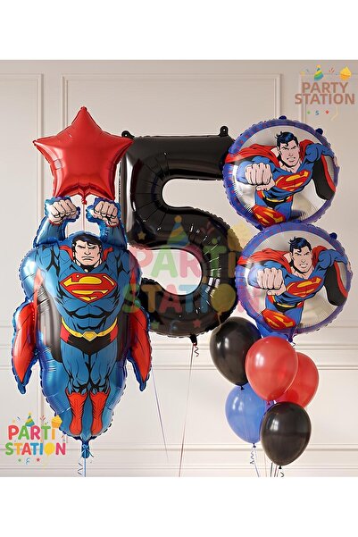 Parti Station Superman Concept 5-Year-Old Balloon Set - 11 Piece Superman Bir...