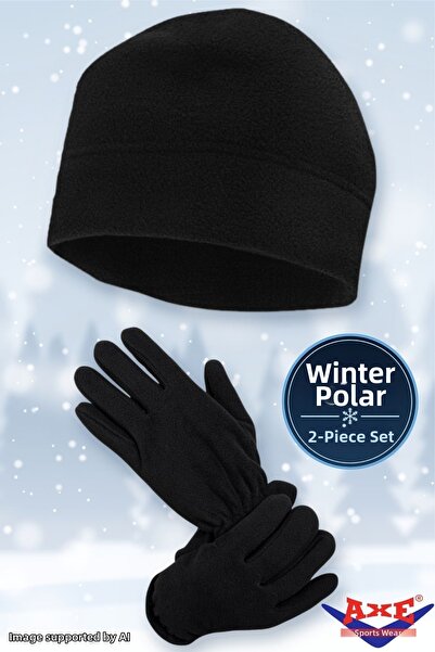 AXE SPORTSWEAR Winter Black Fleece 2-Piece Set Beanie + Gloves Outdoor Cold W...
