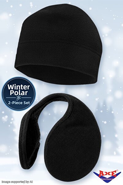 AXE SPORTSWEAR Winter Black Fleece 2-Piece Set Beanie + Neck Type Ear Muff Ou...