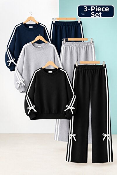 LYZALÜXEN Set of 3 Pieces Set with Bow Detail Girls' Tracksuit Set A++