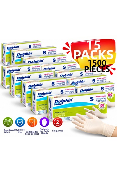 Dolphin قفازات فحص من اللاتكس المسحوق للاستخدام مرة واحدة مقاس S