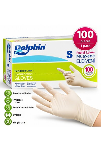 Dolphin قفازات فحص من اللاتكس المسحوق للاستخدام مرة واحدة مقاس S
