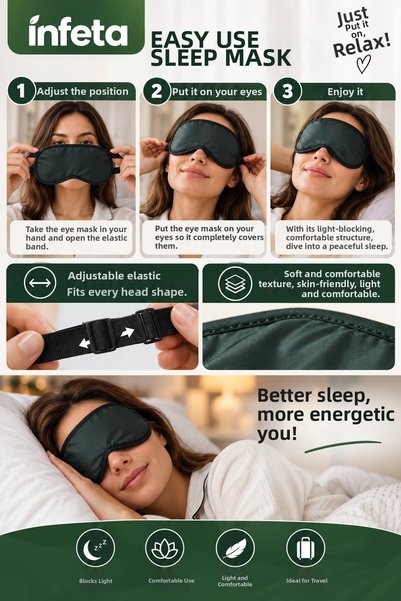 İnfeta Black Sleep Eye Patch Mask Light Blocking Travel and Rest Eye Patch