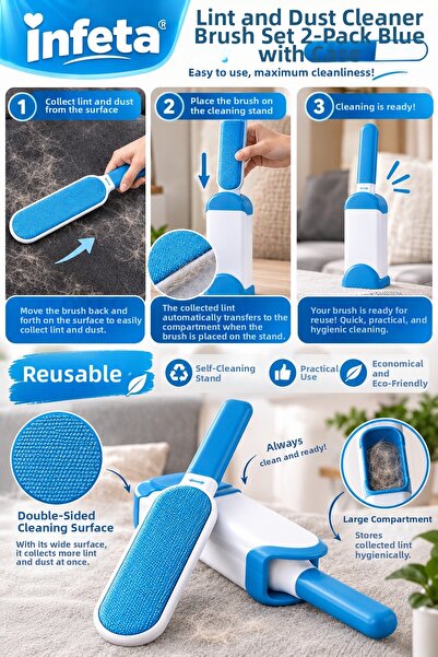 İnfeta Blue 2-Pack Hair Collector Brush Set Self-Cleaning Cat Dog Hair and Lint Remover