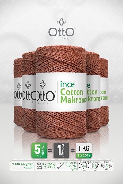 OTTO LINE Thin Cotton Macrame • Cinnamon • 5-Pack × 200 Gr / 170 m • 2 mm • C...