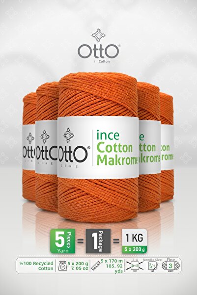 OTTO LINE Тънък памучен макраме шнур • Оранжев • Комплект от 5 броя × 200 гр ...