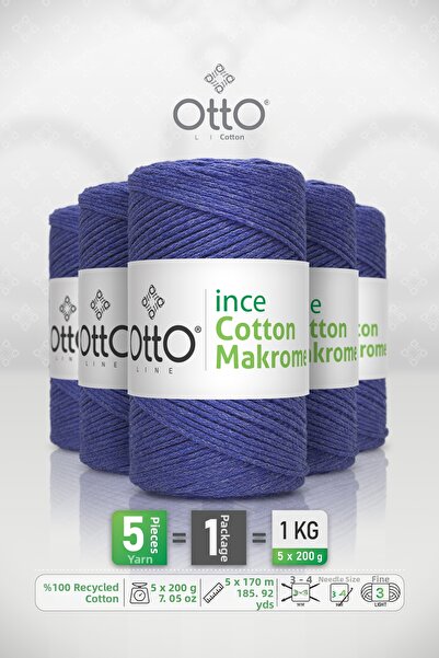 OTTO LINE Тънка памучна макраме нишка • Сакс Блу • 5 броя × 200 гр / 170 м • ...