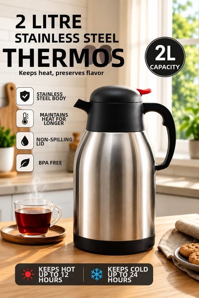 Tercih Home 2 Liter Double Layer Stainless Steel Thermos 12-24 Hours Cold, 8-...