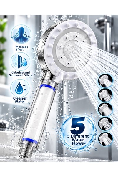 Epilons Shower Head with Chlorine and Lime Filters, 5 Different Water Flows, ...