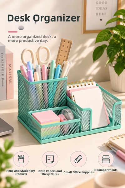Daks Metal 3-Compartment Desktop Organizer Pen Holder and Stationery Organize...