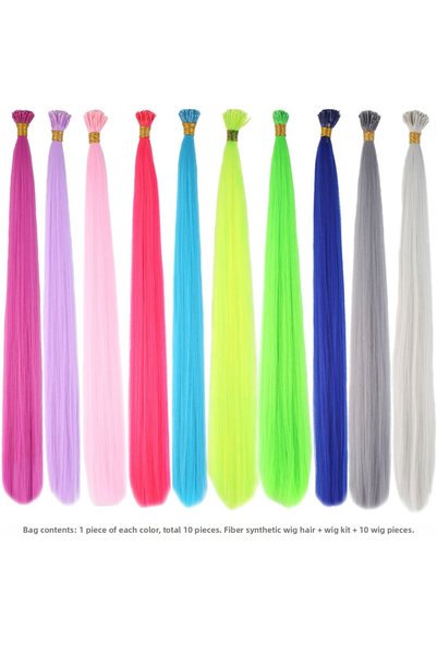 SÇ PERUK 10 Pieces of Mixed Color Fiber Synthetic Hair Extensions 60cm + Fishing Line Tool and Beads