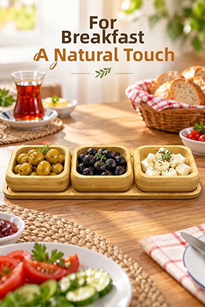 Kitchen Line Bamboo Trio 3-Piece Square Presentation Bowl Set with Tray – Breakfast, Snack, and Sauce Bowls 30 × 11 cm